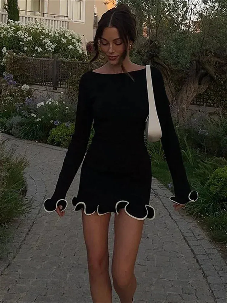 New Fashion Knit Mini Dress Ruffled High Waist Elegant Slim Party Patchwork Knitwear Sweater  Dress