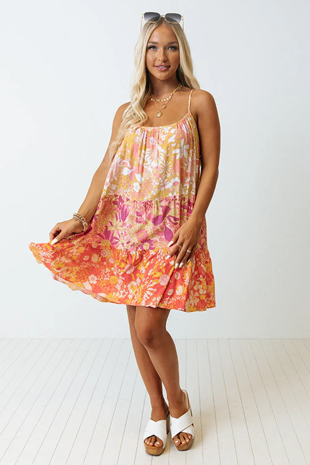 Orange Floral Print Tiered Spaghetti Straps Shift Dress