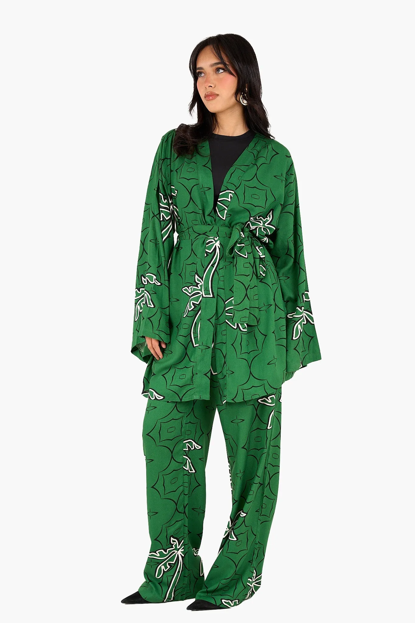 Palm Printed Green Kimono