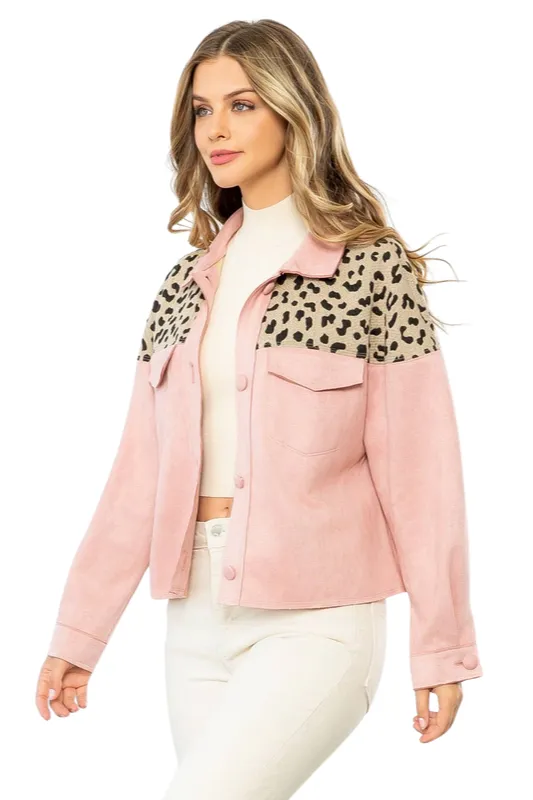 Pink Leopard Suede Button Up Jacket