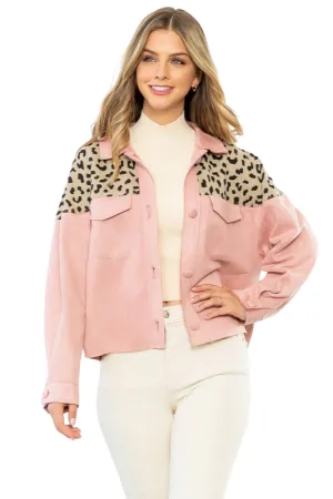 Pink Leopard Suede Button Up Jacket