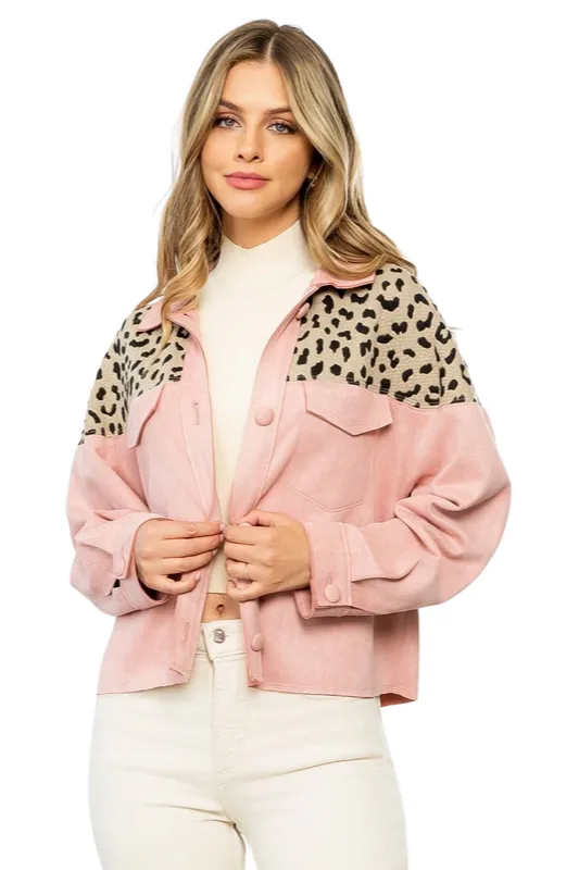 Pink Leopard Suede Button Up Jacket