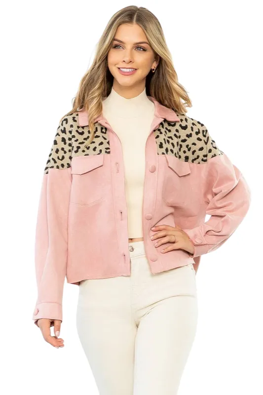Pink Leopard Suede Button Up Jacket