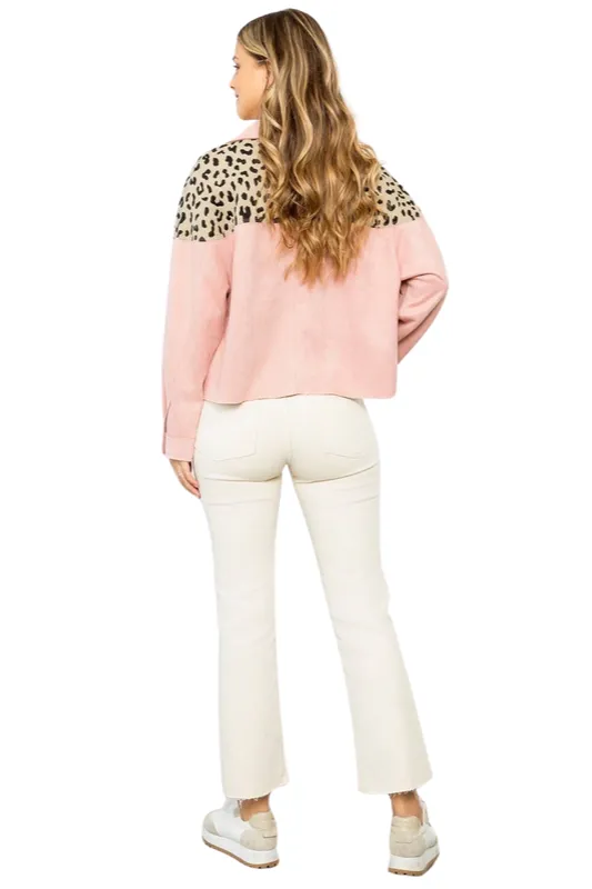 Pink Leopard Suede Button Up Jacket