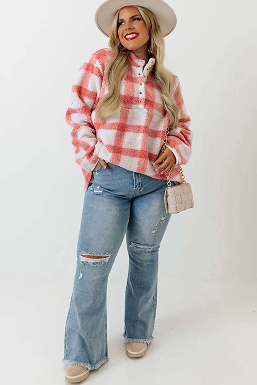 Pink Plus Size Tunic Plaid Sherpa Henley Sweatshirt