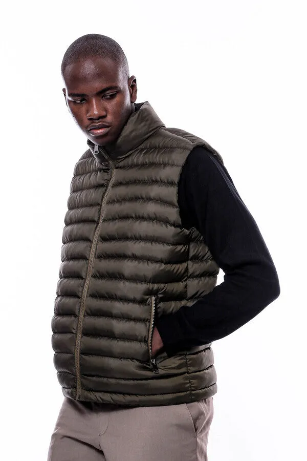 Quilted Zippered Khaki Men Down Vest - Wessi