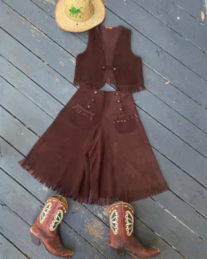 Rare 1940s Cinch Back 'Lasso'em Bill' Suede Fringe Cowgirl Split Skirt Vest Ensemble