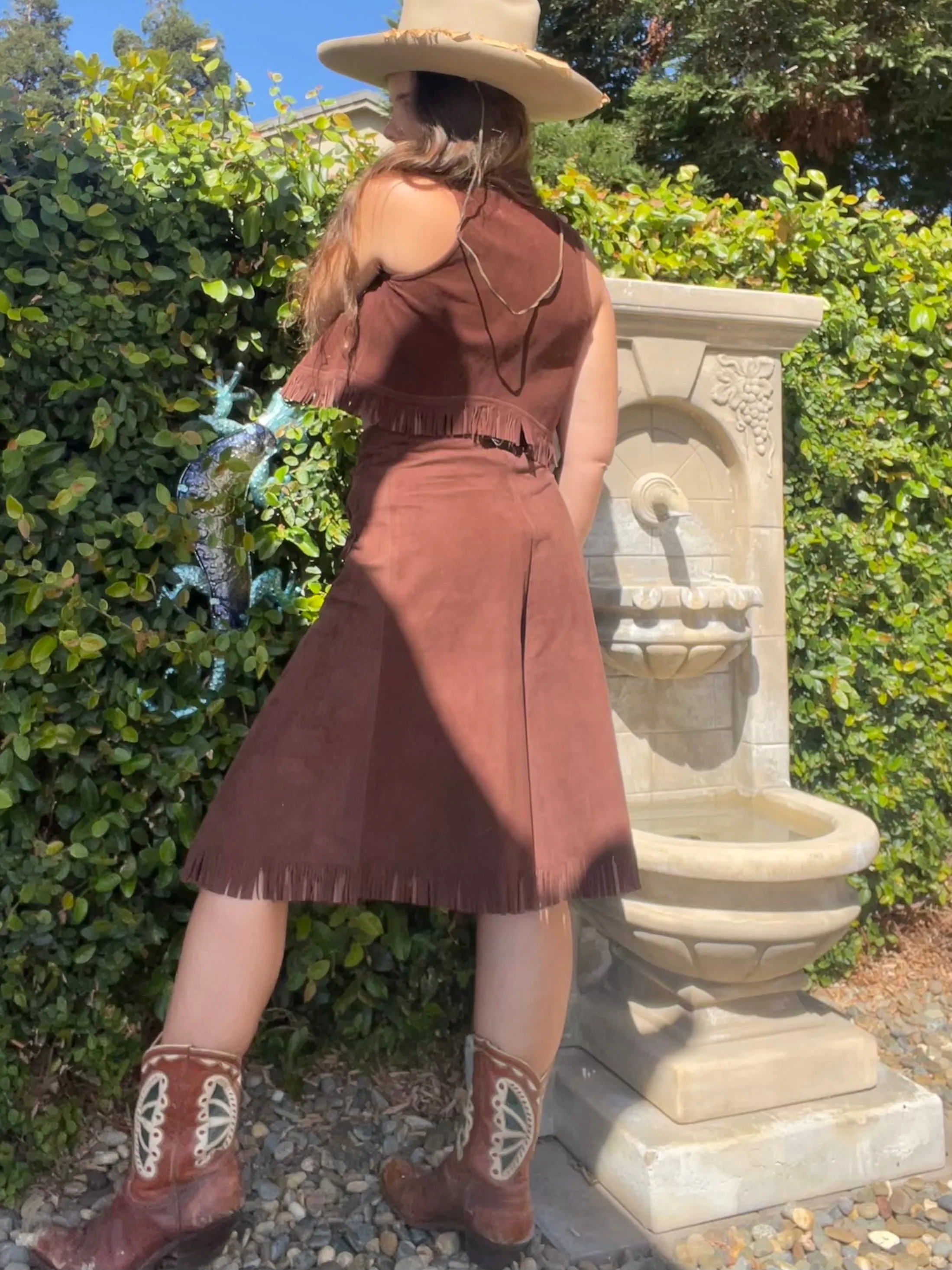 Rare 1940s Cinch Back 'Lasso'em Bill' Suede Fringe Cowgirl Split Skirt Vest Ensemble