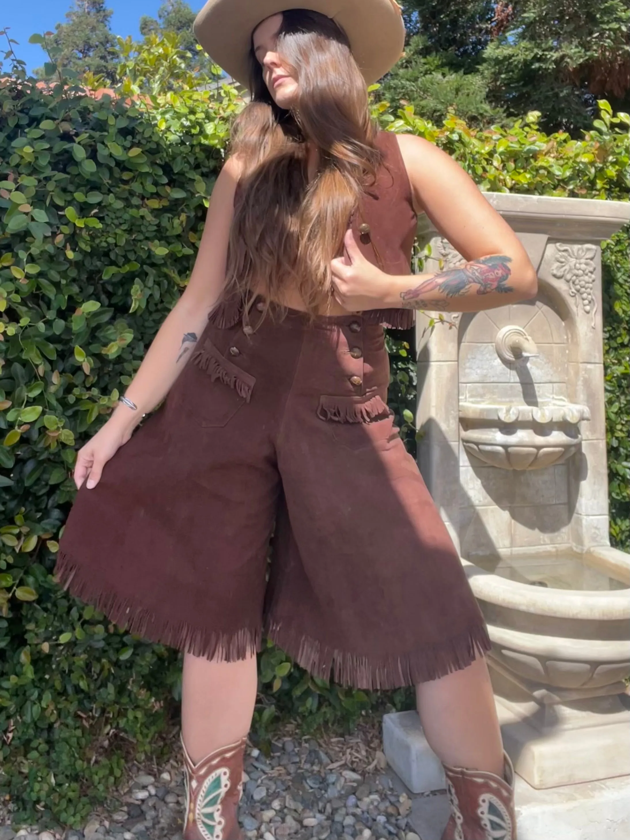 Rare 1940s Cinch Back 'Lasso'em Bill' Suede Fringe Cowgirl Split Skirt Vest Ensemble