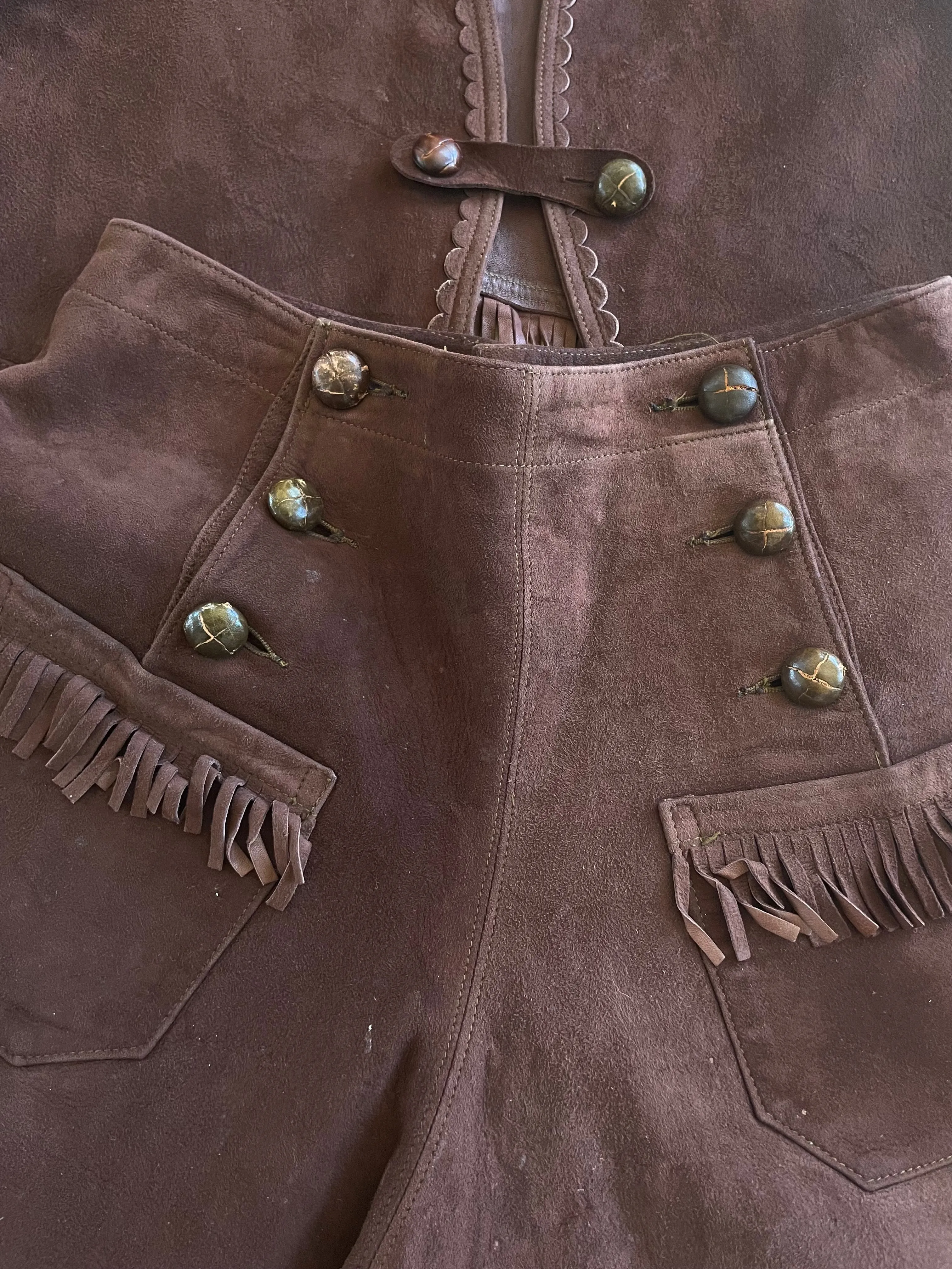 Rare 1940s Cinch Back 'Lasso'em Bill' Suede Fringe Cowgirl Split Skirt Vest Ensemble