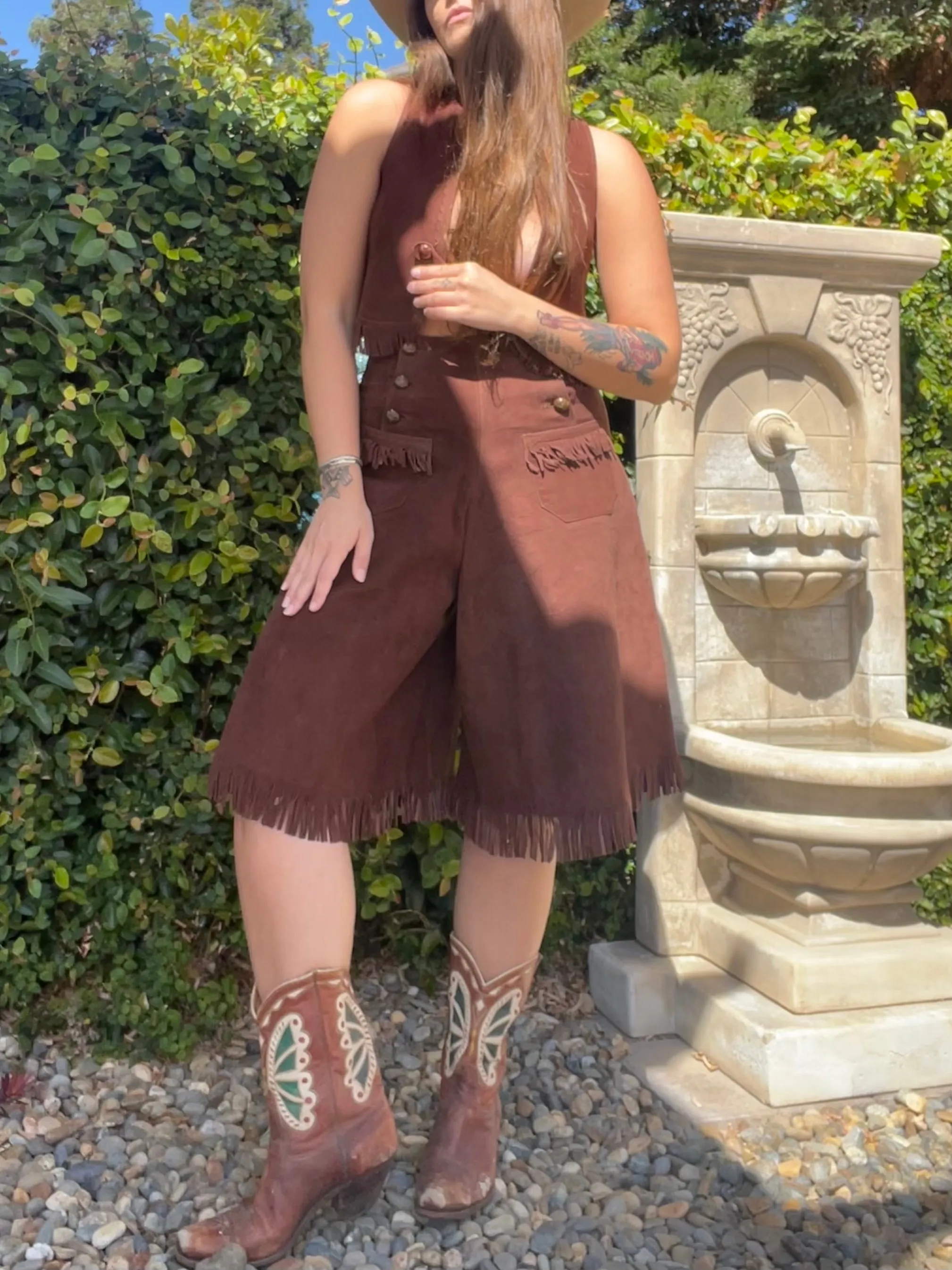 Rare 1940s Cinch Back 'Lasso'em Bill' Suede Fringe Cowgirl Split Skirt Vest Ensemble