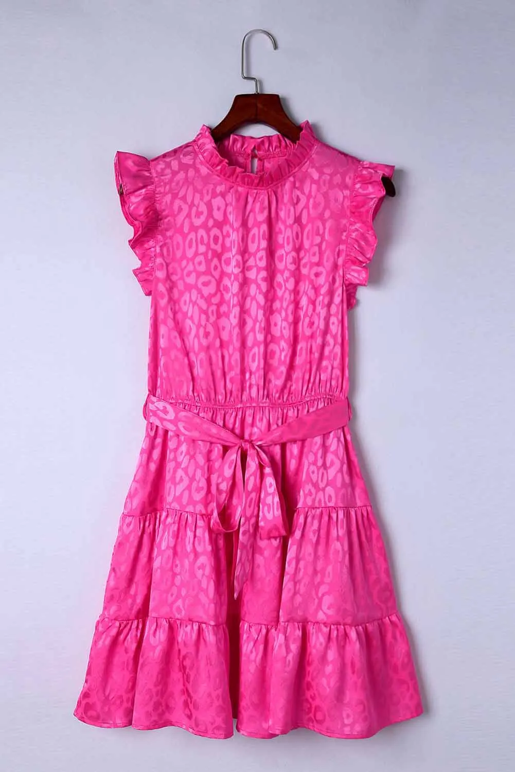 Satin Leopard Tie Waist Frilled Sleeveless Dress