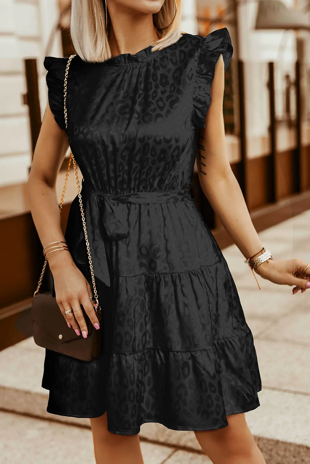 Satin Leopard Tie Waist Frilled Sleeveless Dress