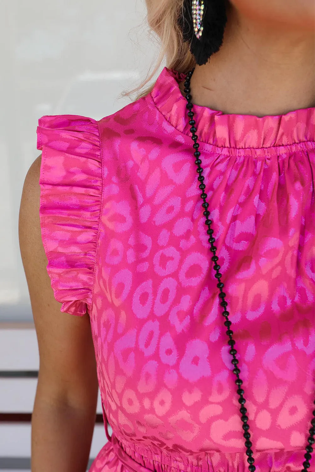 Satin Leopard Tie Waist Frilled Sleeveless Dress