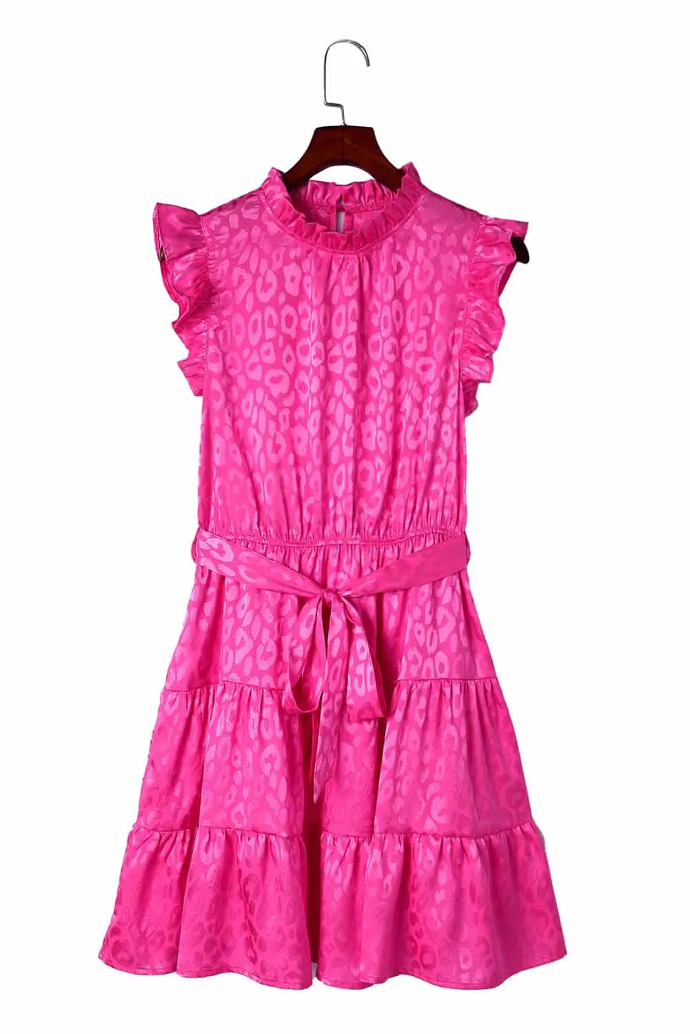 Satin Leopard Tie Waist Frilled Sleeveless Dress