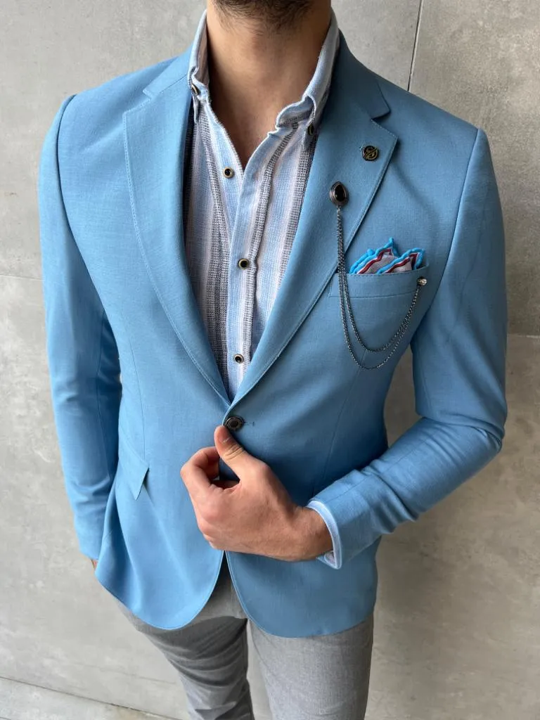 Sky Blue Linen Blend Slim Fit Blazer