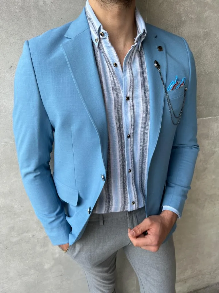 Sky Blue Linen Blend Slim Fit Blazer