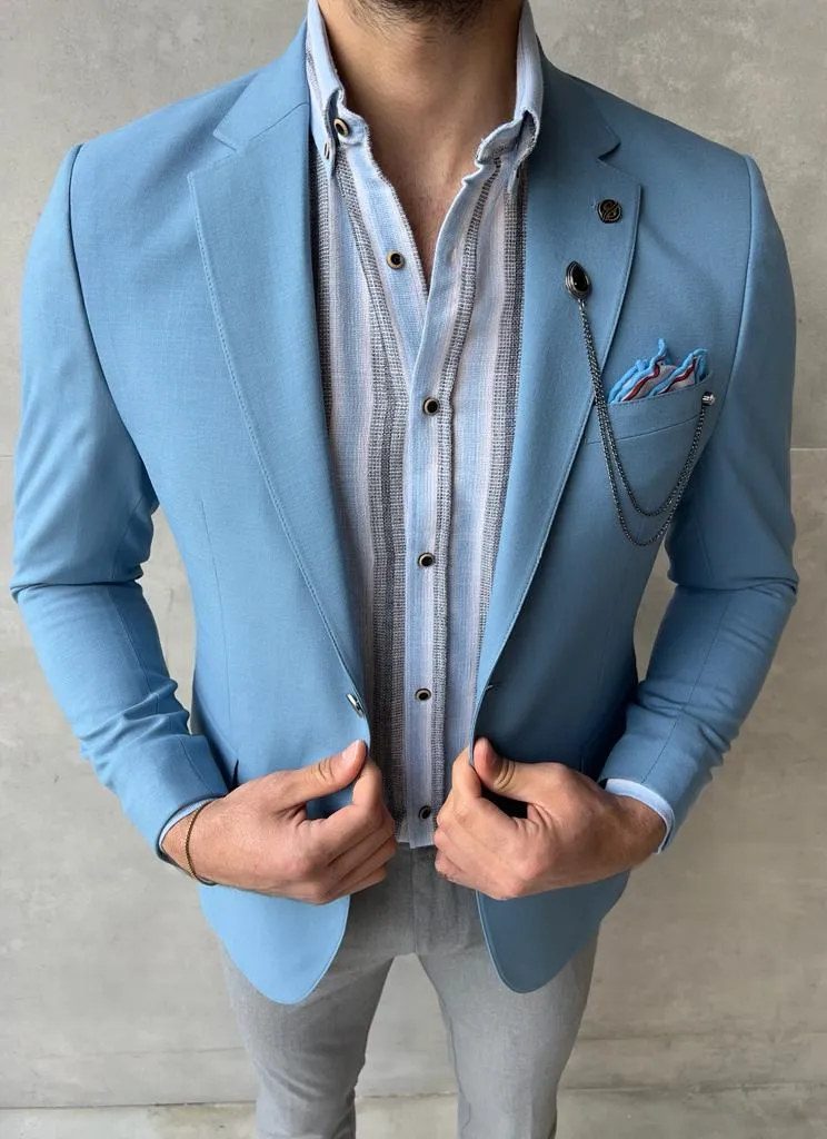 Sky Blue Linen Blend Slim Fit Blazer