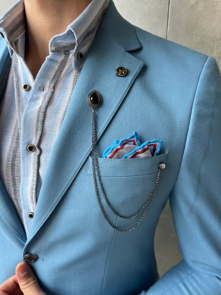 Sky Blue Linen Blend Slim Fit Blazer