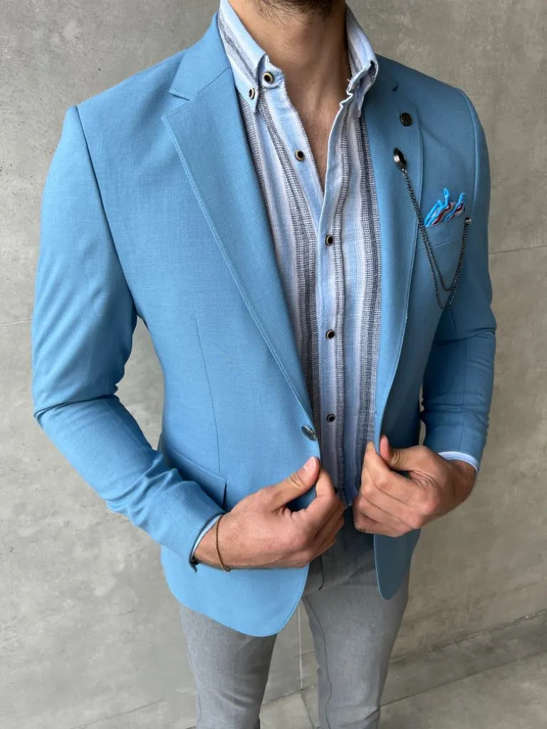 Sky Blue Linen Blend Slim Fit Blazer