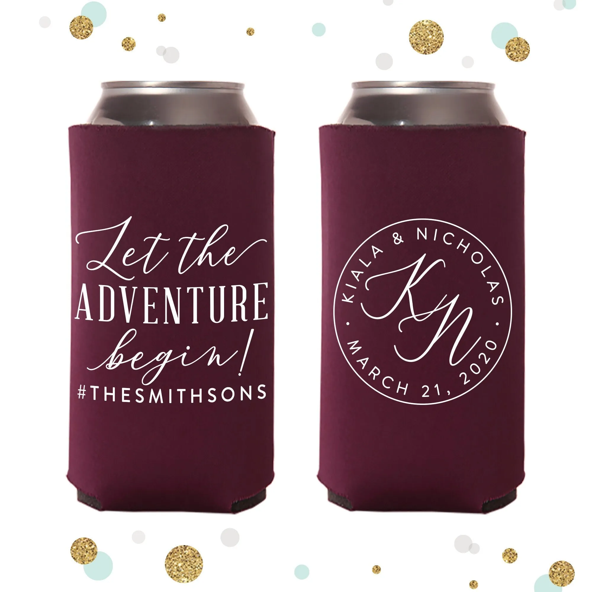 Slim 12oz Wedding Can Cooler #137S - Let The Adventure Begin