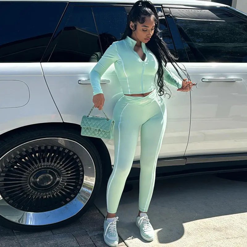 Sporty Chic Long Sleeve Crop Top and High-Waisted Leggings Two-Piece Set