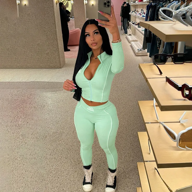 Sporty Chic Long Sleeve Crop Top and High-Waisted Leggings Two-Piece Set