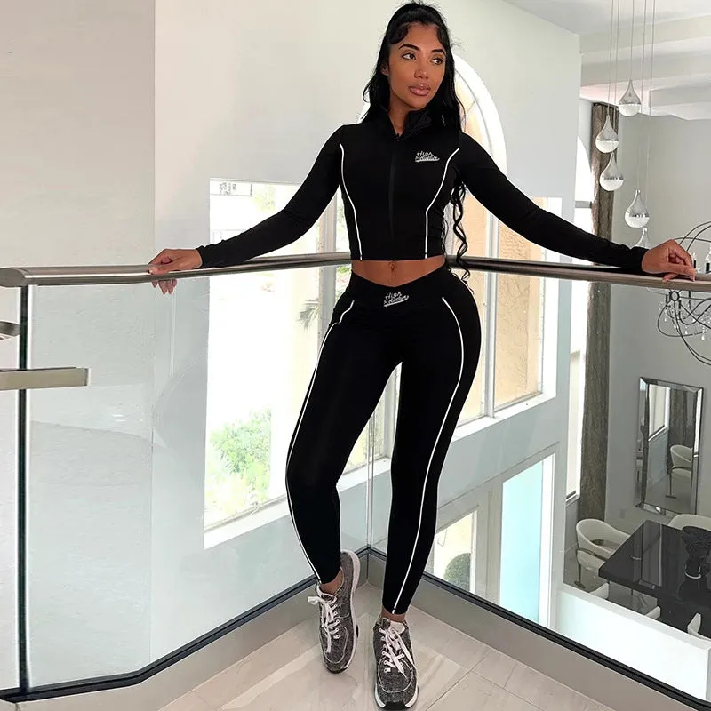 Sporty Chic Long Sleeve Crop Top and High-Waisted Leggings Two-Piece Set