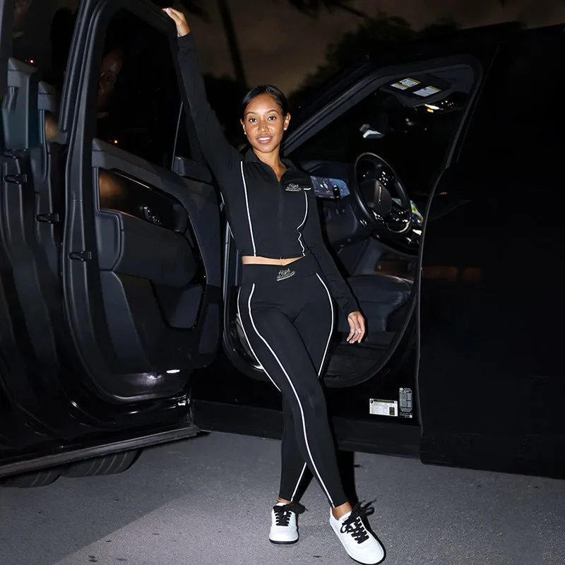 Sporty Chic Long Sleeve Crop Top and High-Waisted Leggings Two-Piece Set