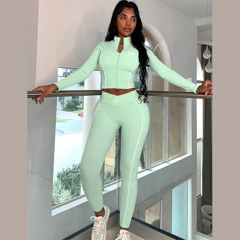 Sporty Chic Long Sleeve Crop Top and High-Waisted Leggings Two-Piece Set