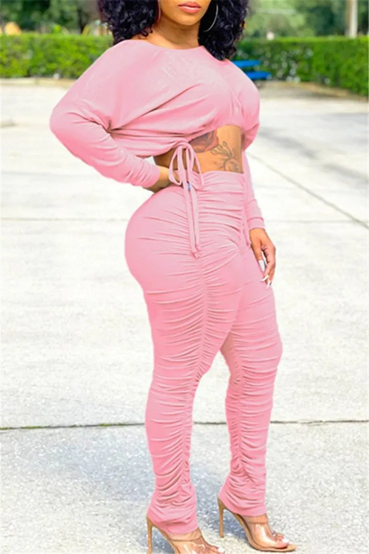 Stylish Pleated Drawstring Long-Sleeve Top and Ruched Pants Two-Piece Set
