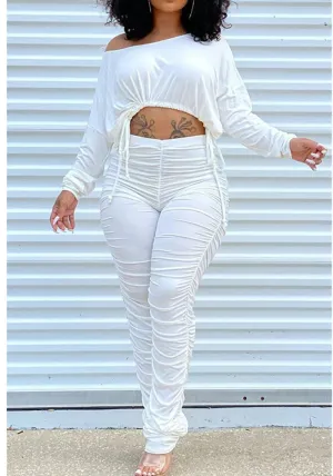 Stylish Pleated Drawstring Long-Sleeve Top and Ruched Pants Two-Piece Set