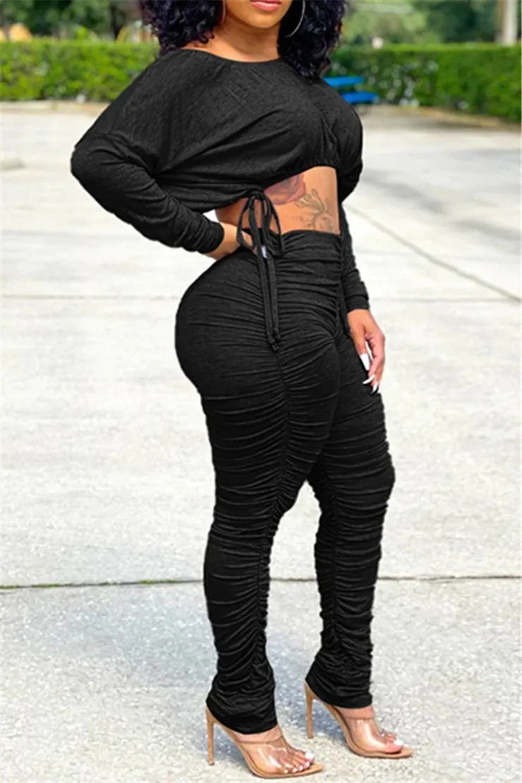 Stylish Pleated Drawstring Long-Sleeve Top and Ruched Pants Two-Piece Set