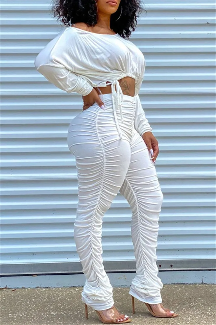 Stylish Pleated Drawstring Long-Sleeve Top and Ruched Pants Two-Piece Set