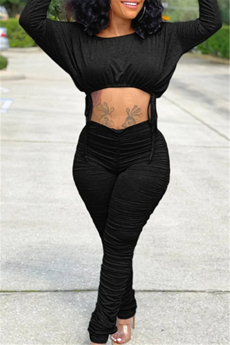 Stylish Pleated Drawstring Long-Sleeve Top and Ruched Pants Two-Piece Set