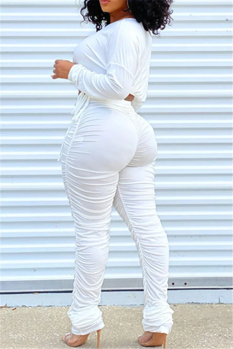 Stylish Pleated Drawstring Long-Sleeve Top and Ruched Pants Two-Piece Set