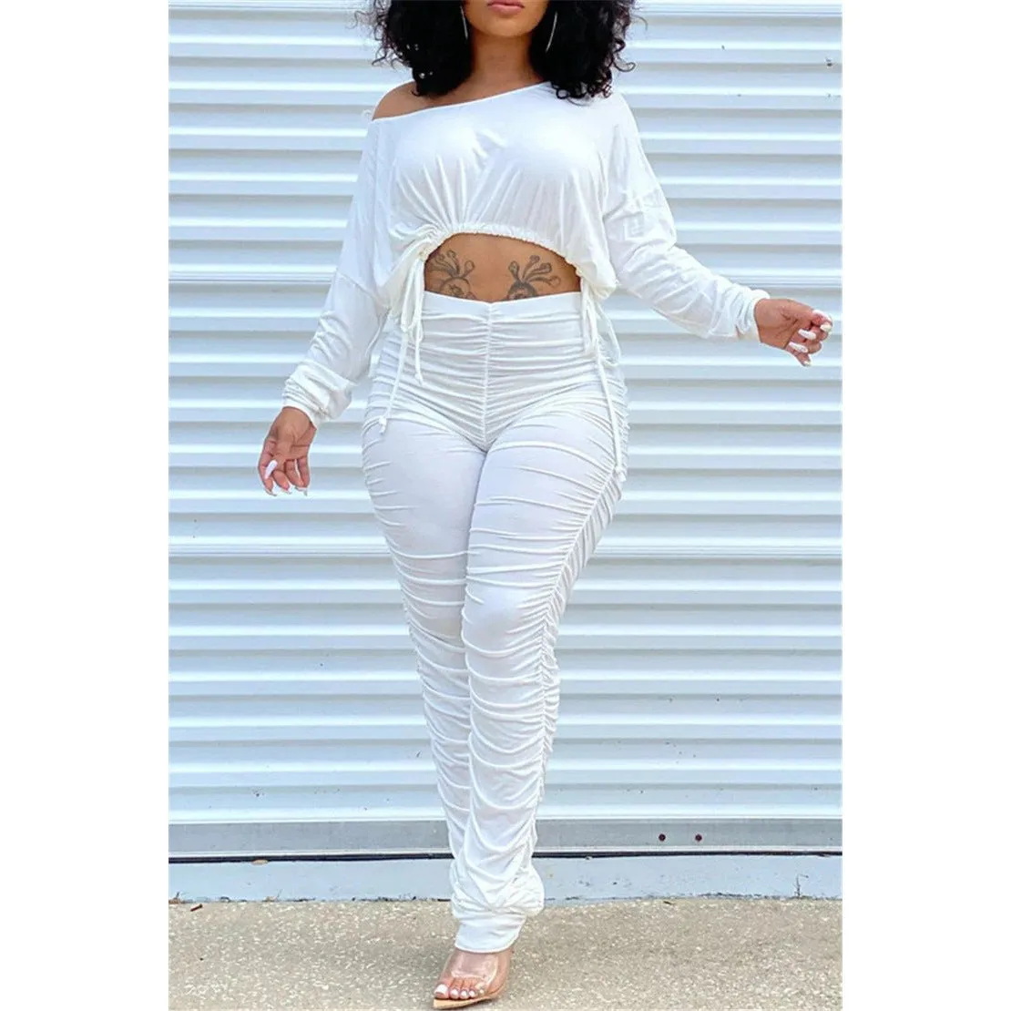 Stylish Pleated Drawstring Long-Sleeve Top and Ruched Pants Two-Piece Set
