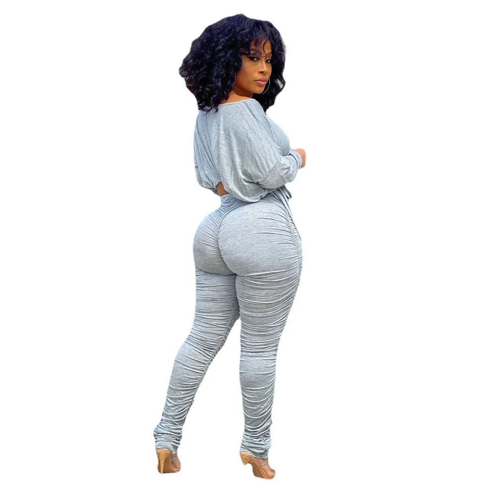 Stylish Pleated Drawstring Long-Sleeve Top and Ruched Pants Two-Piece Set