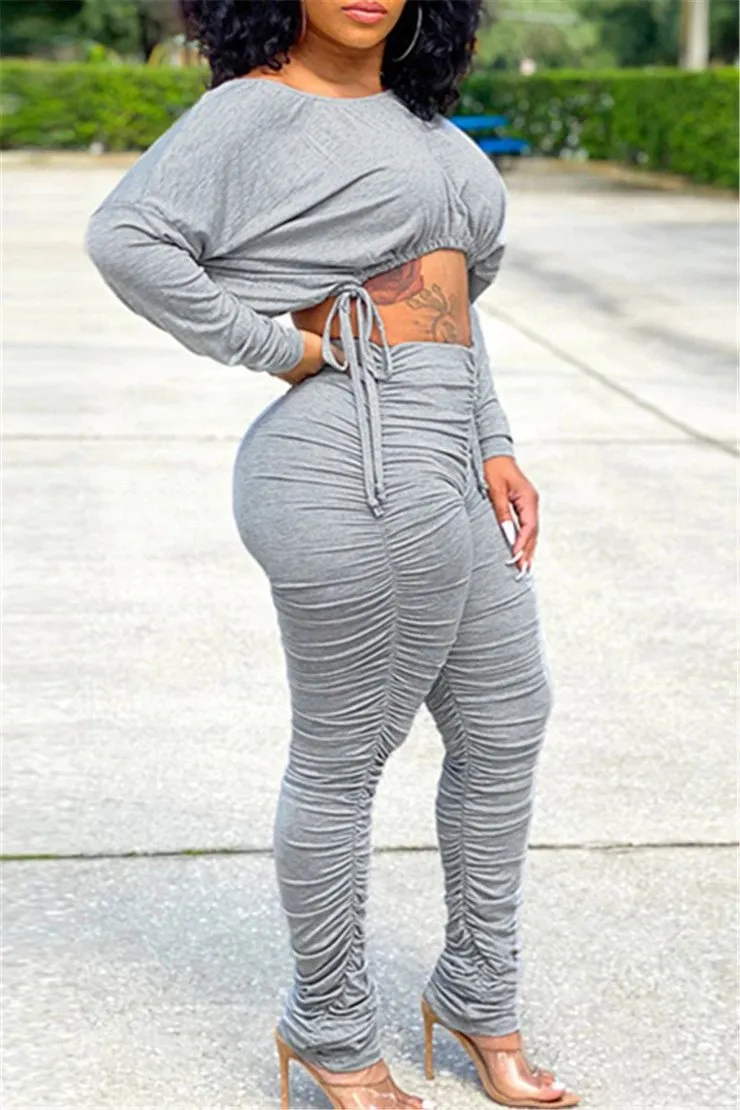 Stylish Pleated Drawstring Long-Sleeve Top and Ruched Pants Two-Piece Set