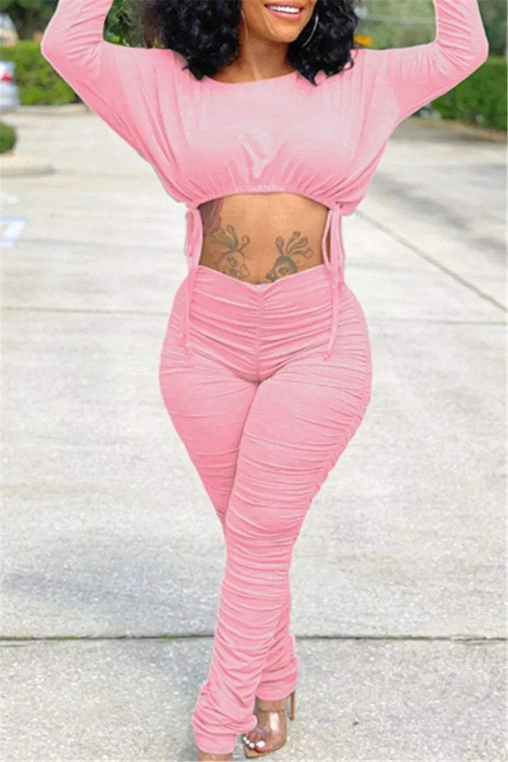 Stylish Pleated Drawstring Long-Sleeve Top and Ruched Pants Two-Piece Set