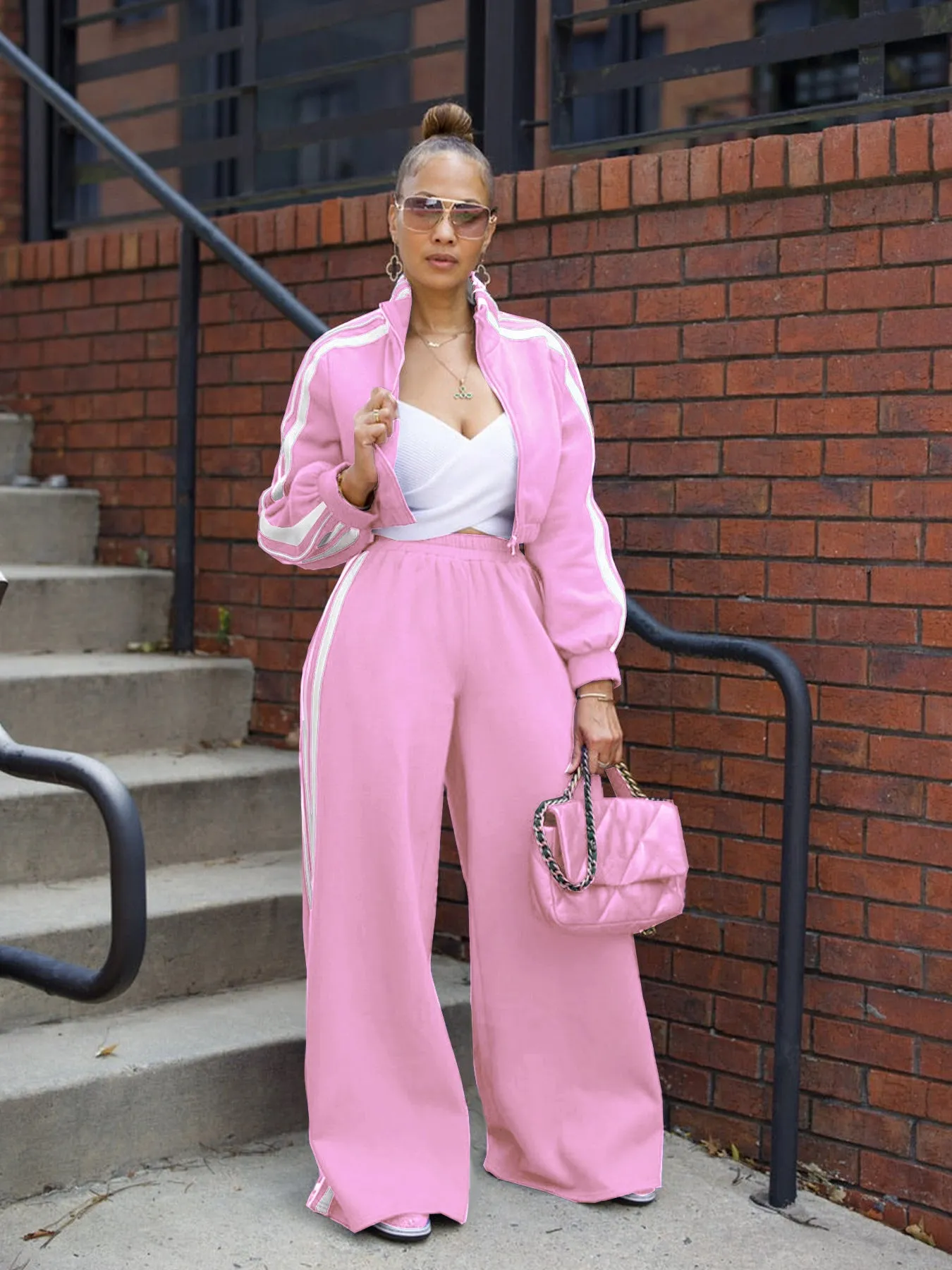 Stylish Striped Zipper Tracksuit Set with High-Waisted Pants