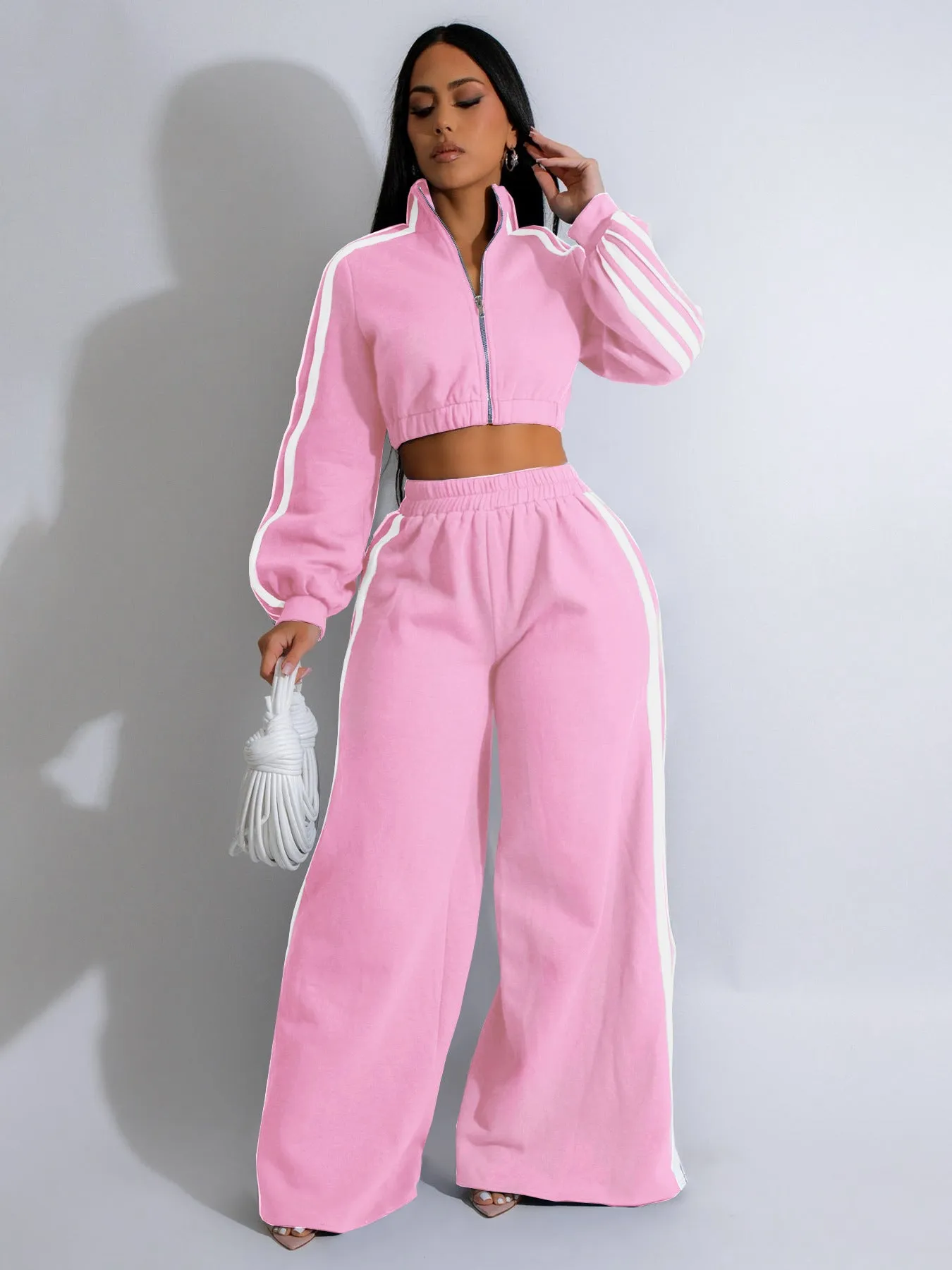 Stylish Striped Zipper Tracksuit Set with High-Waisted Pants