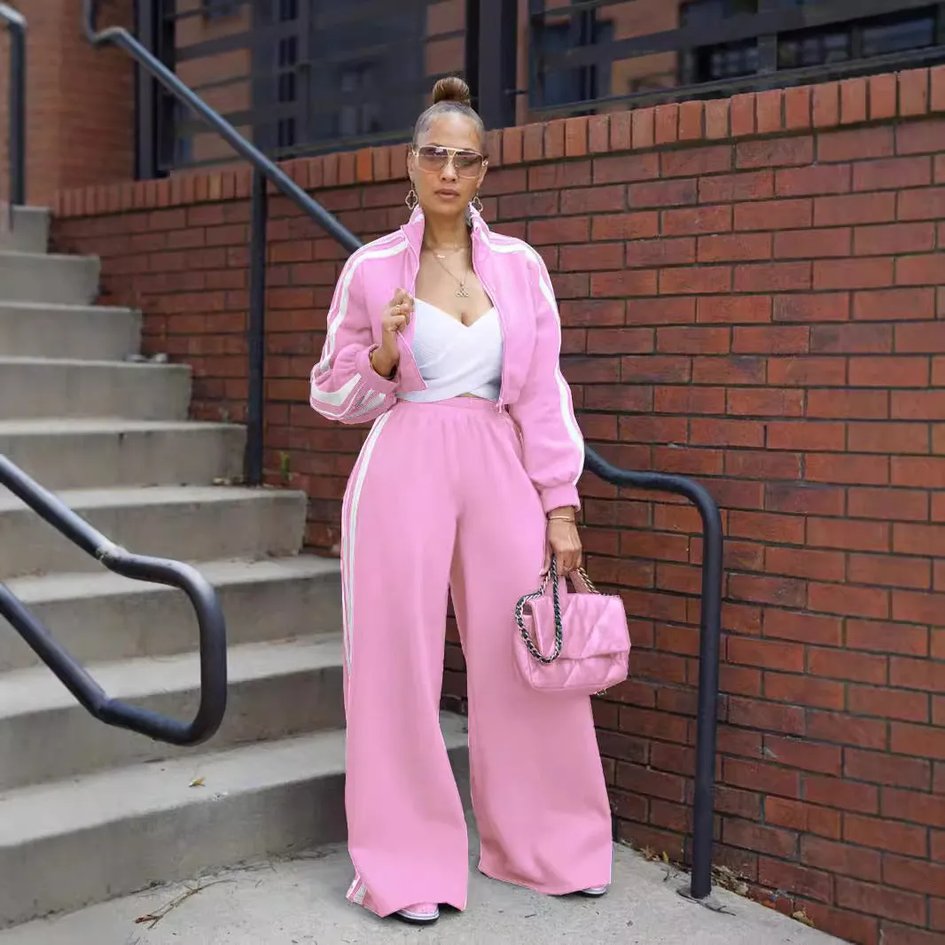 Stylish Striped Zipper Tracksuit Set with High-Waisted Pants