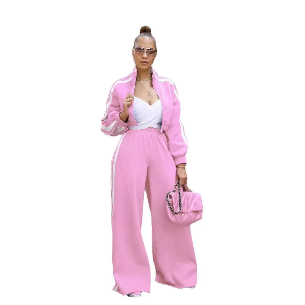 Stylish Striped Zipper Tracksuit Set with High-Waisted Pants