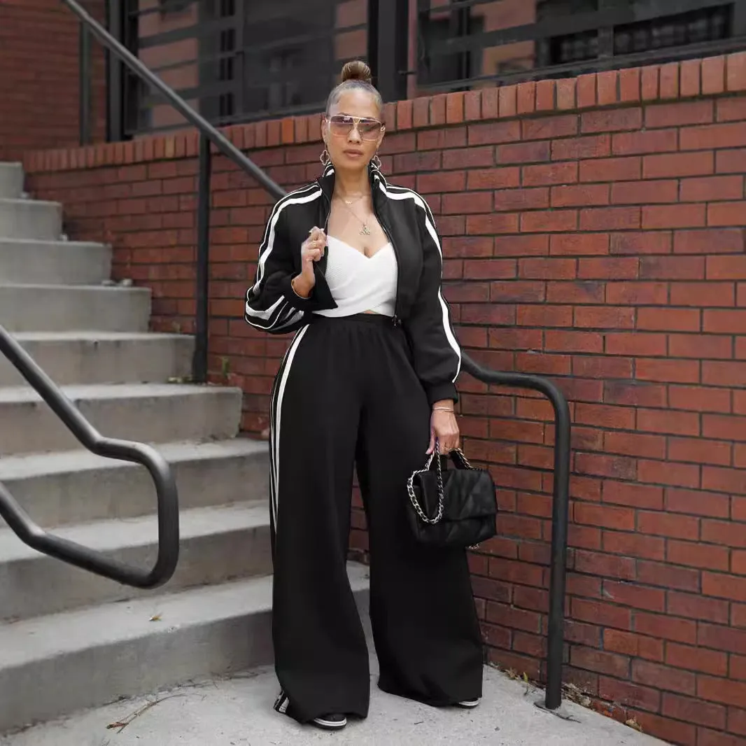 Stylish Striped Zipper Tracksuit Set with High-Waisted Pants