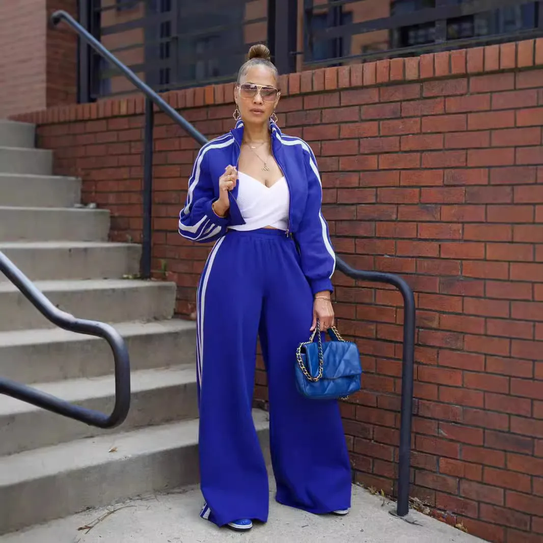 Stylish Striped Zipper Tracksuit Set with High-Waisted Pants