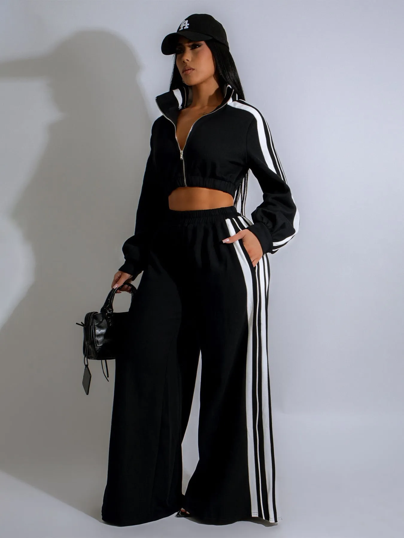 Stylish Striped Zipper Tracksuit Set with High-Waisted Pants