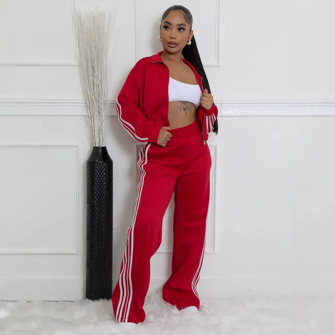 Stylish Striped Zipper Tracksuit Set with High-Waisted Pants