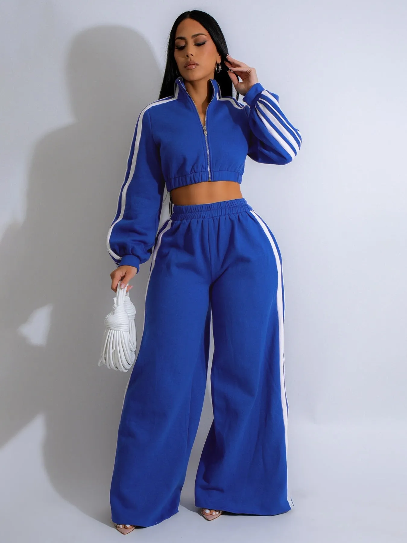 Stylish Striped Zipper Tracksuit Set with High-Waisted Pants