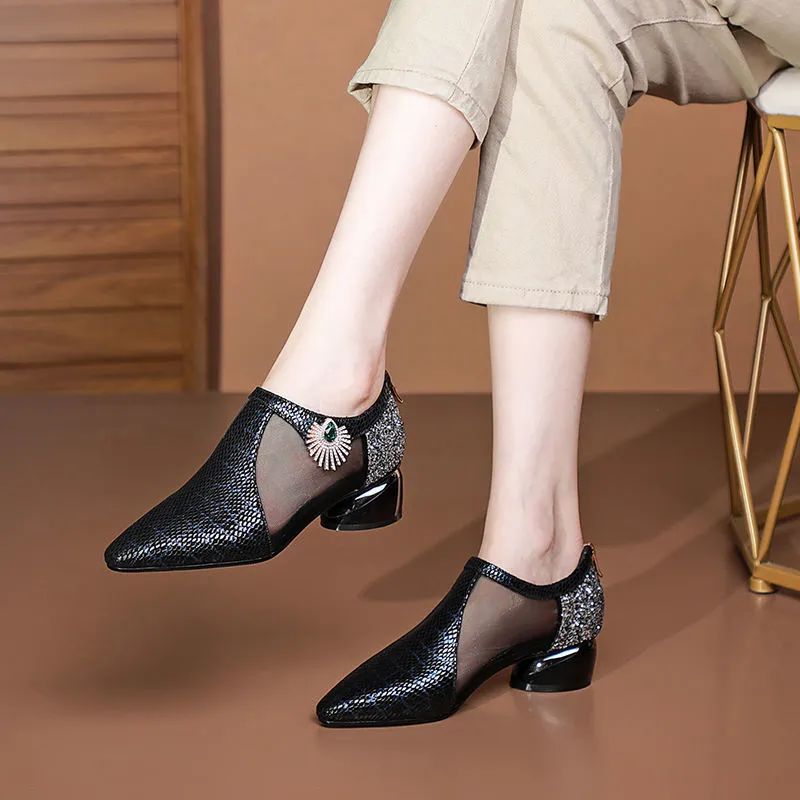 Summer New Thick Heel Pointed Mesh Rhinestone High Heels